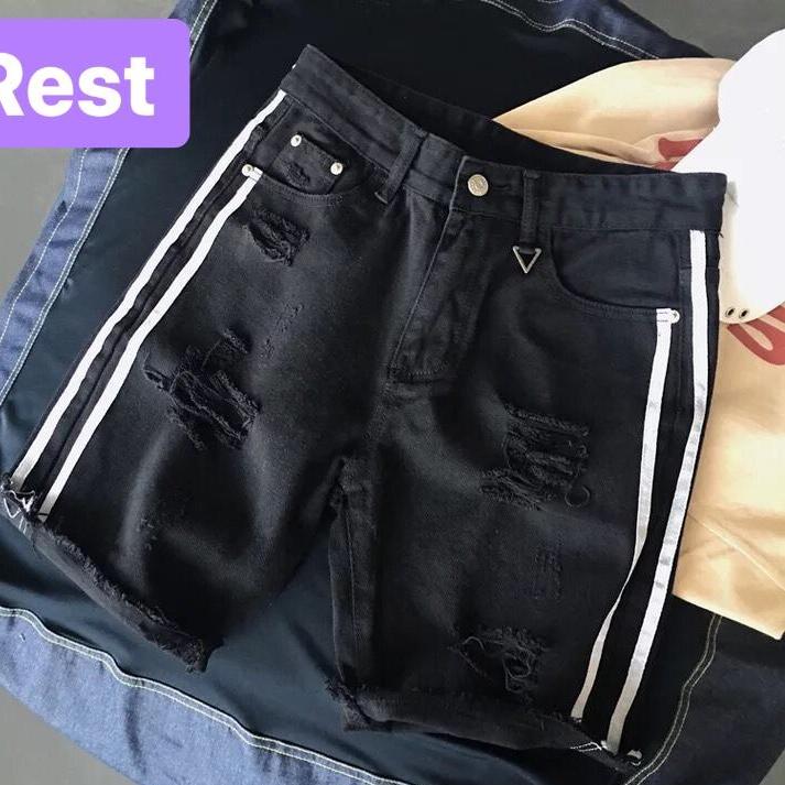 QUẦN SHORT LỬNG JEAN NAM CAO CẤP ĐEN 2 SỌC VINCOM PLAZA- EVEREST FASHION