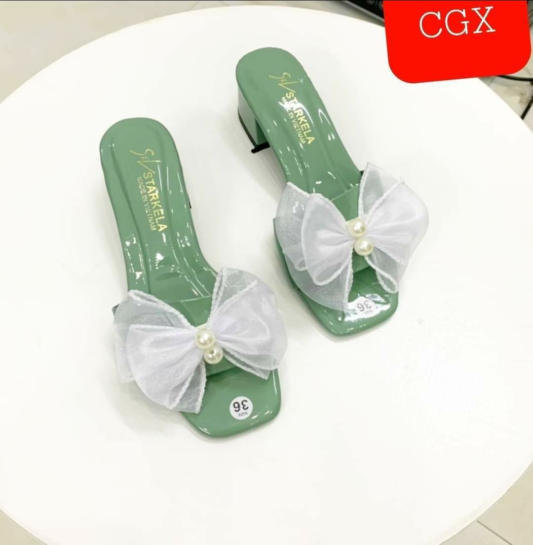 Giày Cao Gó nữ Nơ chân châu Đế Vuông 5p - Sandal 5cm mũi vuông sang chảnh - Size 35 - size 40
