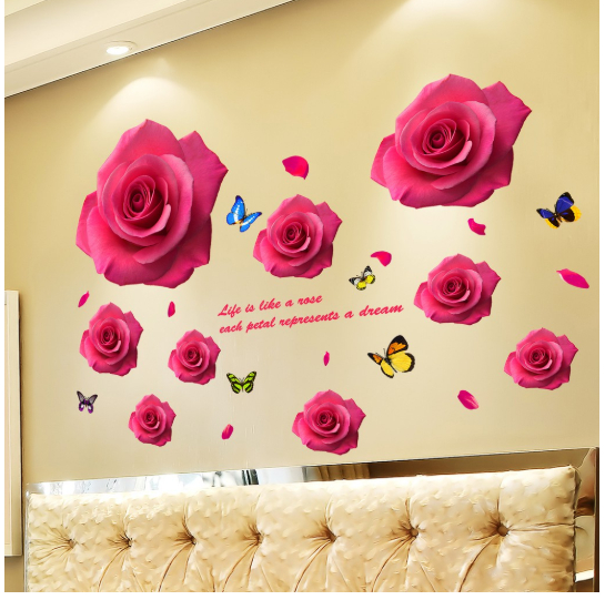 Decal dán tường hoa hồng đỏ 3d