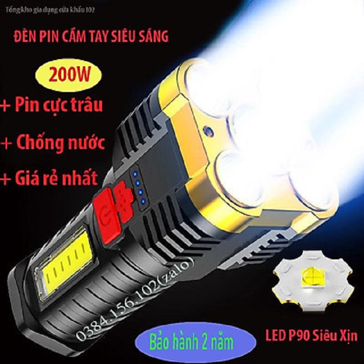 Đèn pin cầm tay siêu sáng chiếu sáng 5 chế độ sáng tiện dụng, + tặng kèm dây sạc
