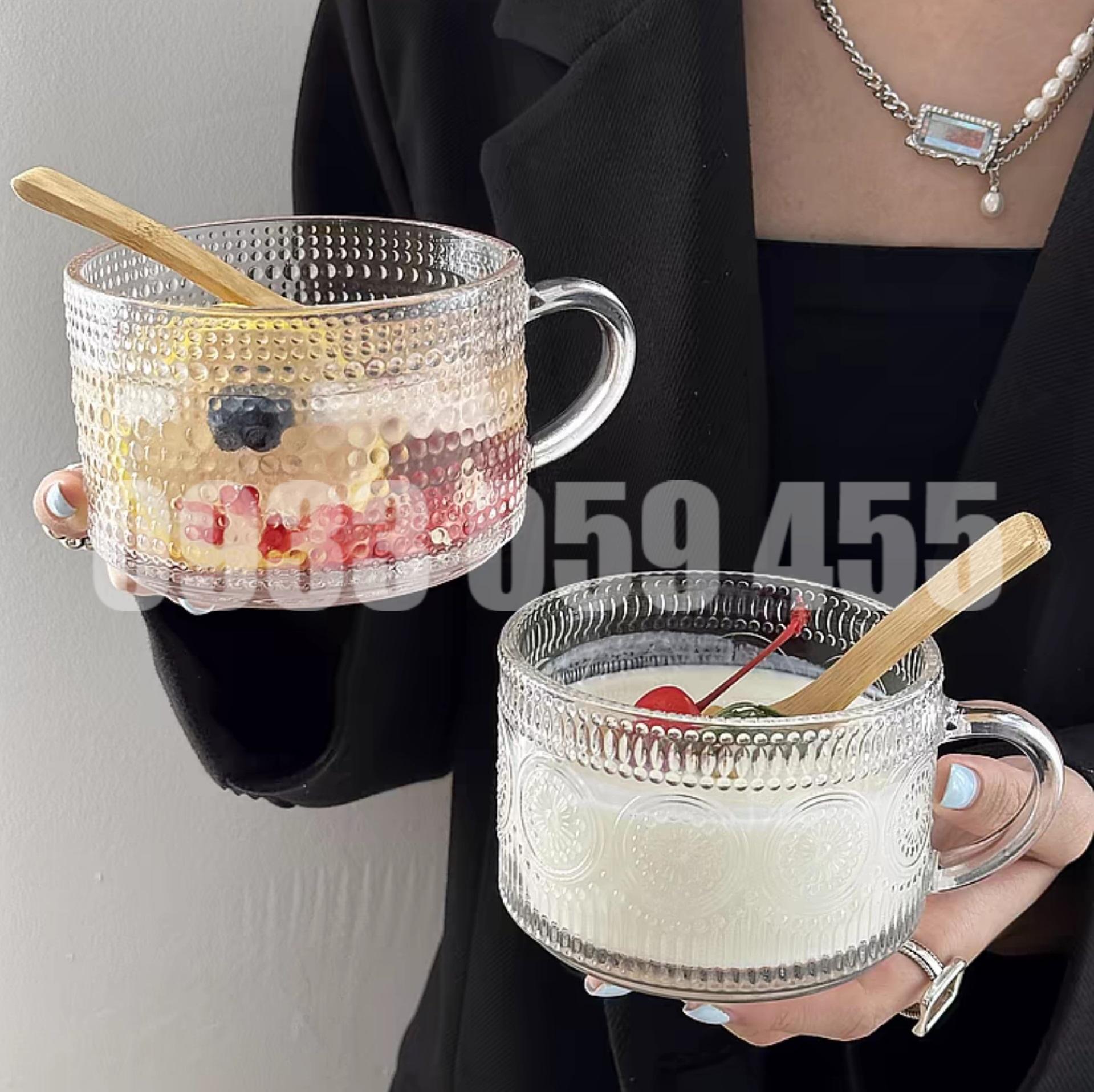 Set 2 ly thủy tinh có quai 400ml, ly có quai trà sữa, cốc uống cà phê, tách cà phê có quai, ly kem, tô trái cây wine glass