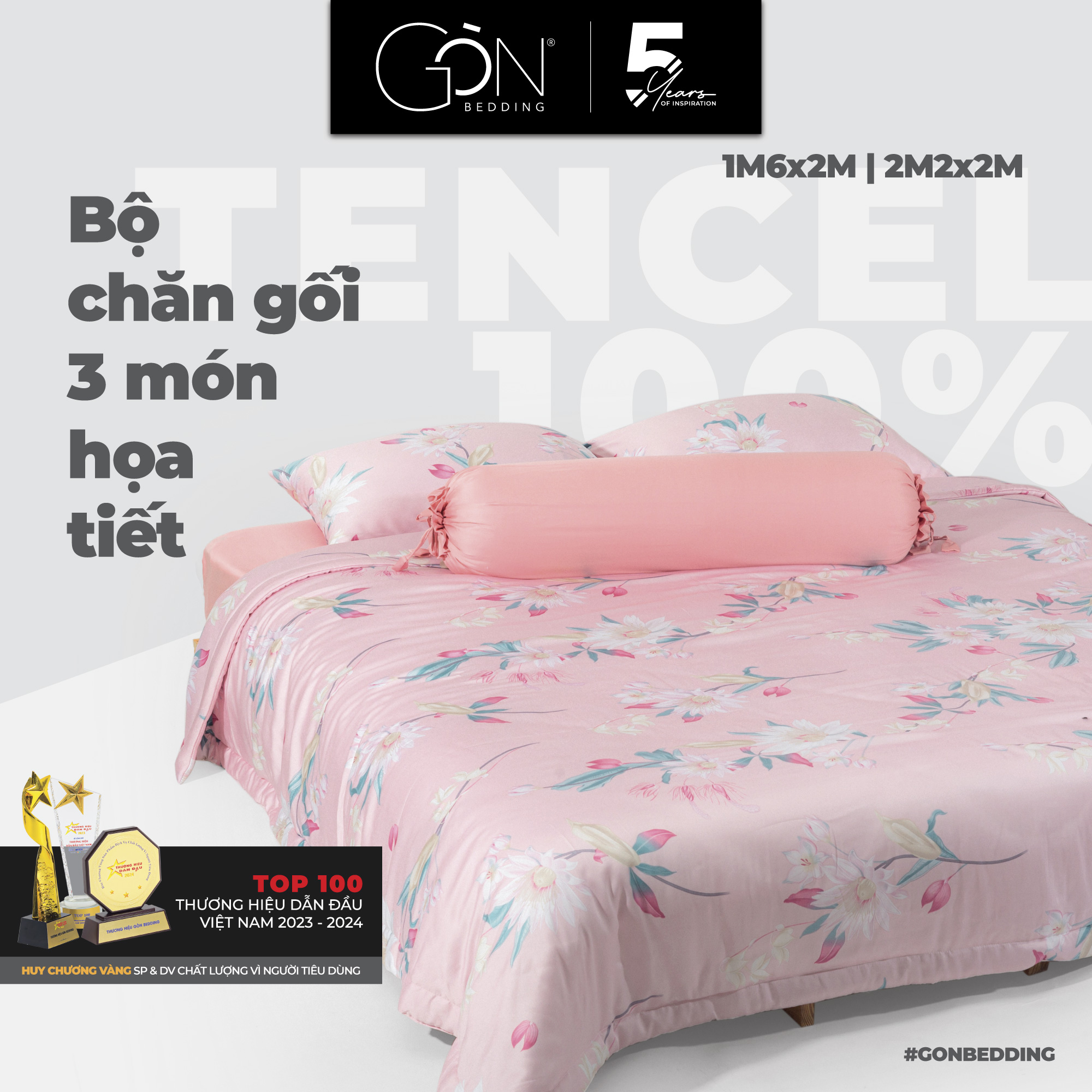 Bộ Chăn Gối 3 Món Gòn Bedding Lụa Tencel 60s - Lụa Modal cao cấp Hoạ tiết (gồm 1 Chăn chần và 2 Vỏ gối nằm)