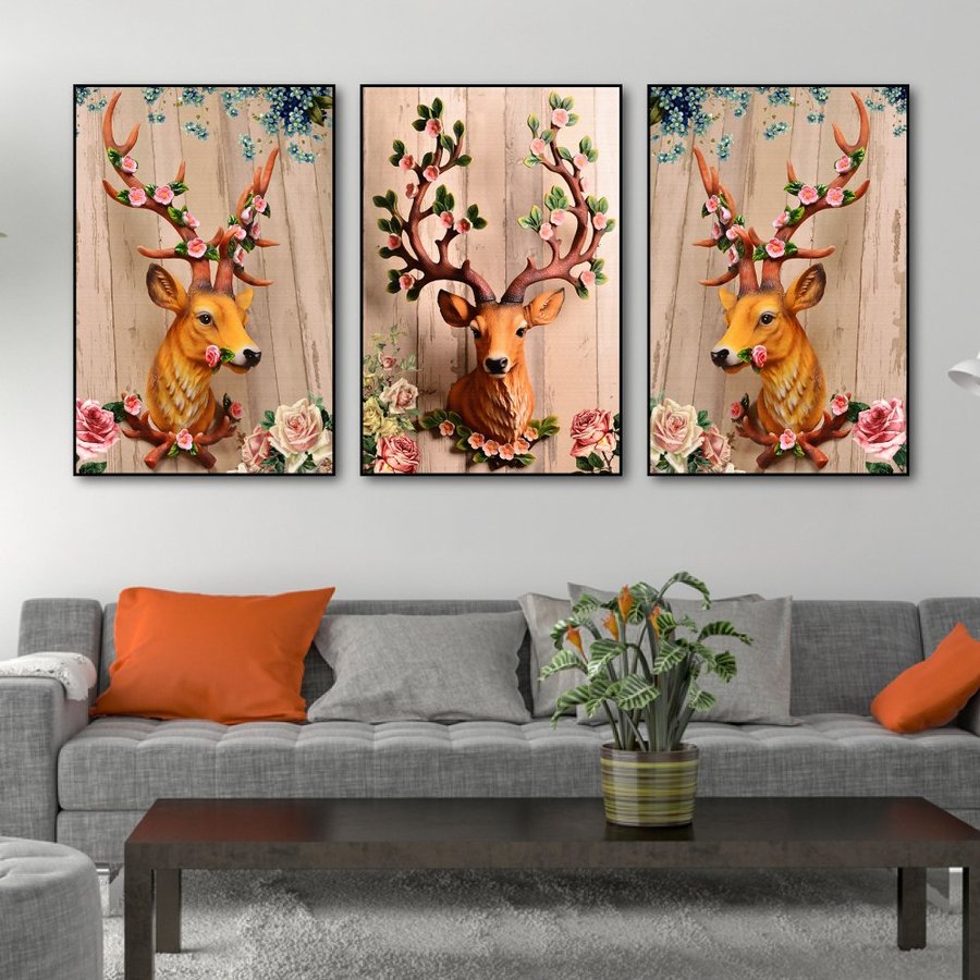 Tranh canvas giá xưởng Bộ tranh treo tường Hươu Rừng nghệ thuật Bắc âu trang trí decor phòng khách phòng ngủ tranh treo tường 3d phòng khách đẹp