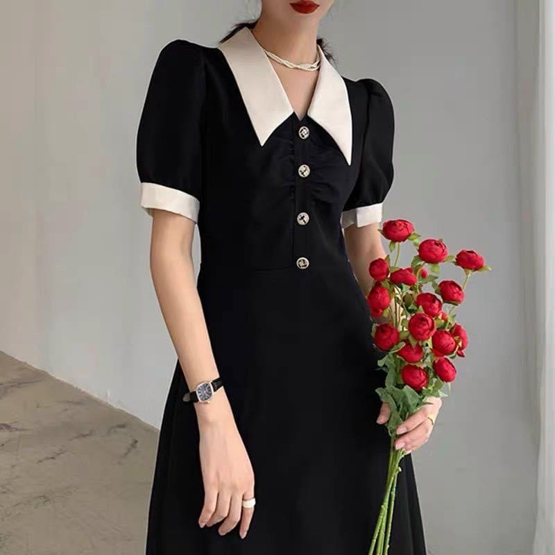 Đầm đen cổ trắng nút trước v2