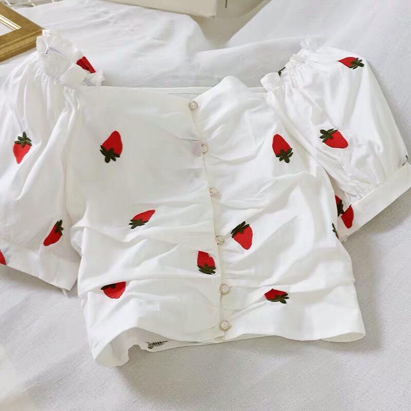 Áo Voan Kiểu Bẹt Vai Form Croptop In Hình Trái Cây Siu Dễ Thương TTS0758