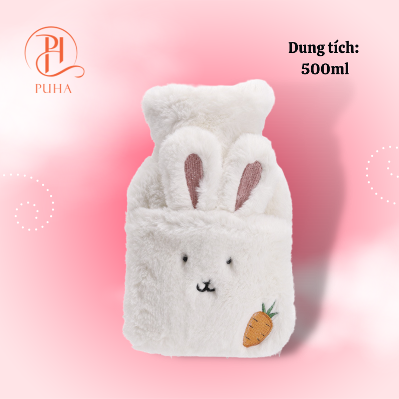 Túi chườm nóng lạnh đa năng sưởi ấm giữ nhiệt giảm đau bụng kinh cho nữ Puha 500ml họa tiết thỏ trắng cute dễ thương