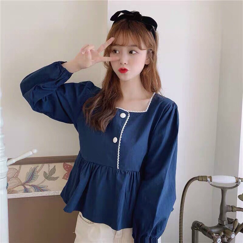 Áo kiểu nữ babydol cổ vuông viền tay dài #aokieunu