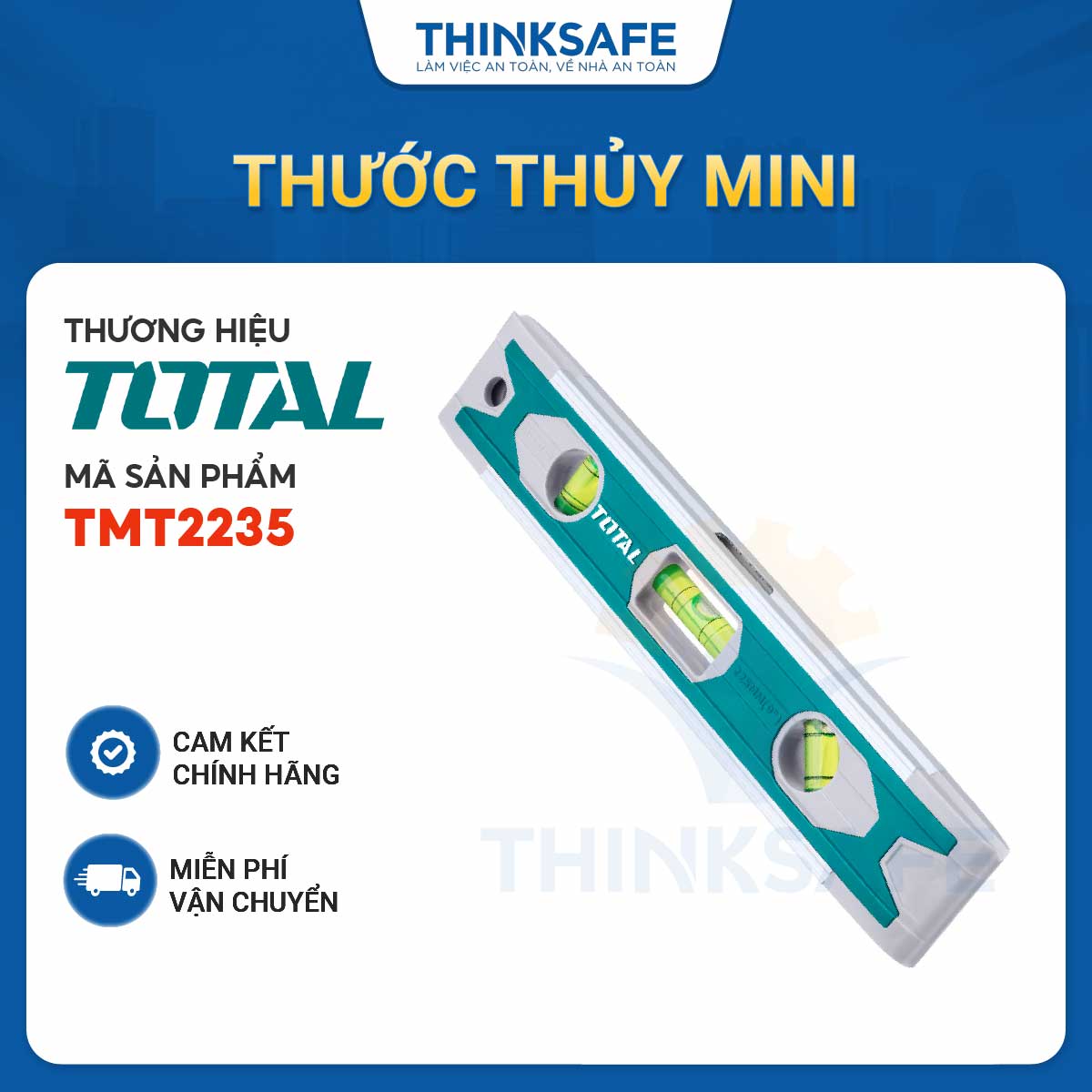 Thước thuỷ có từ mini total tmt2235 chiều dài 225mm, có nam châm hút, 3 mực thủy ngân, nhựa abs cứng chắc- thinksafe