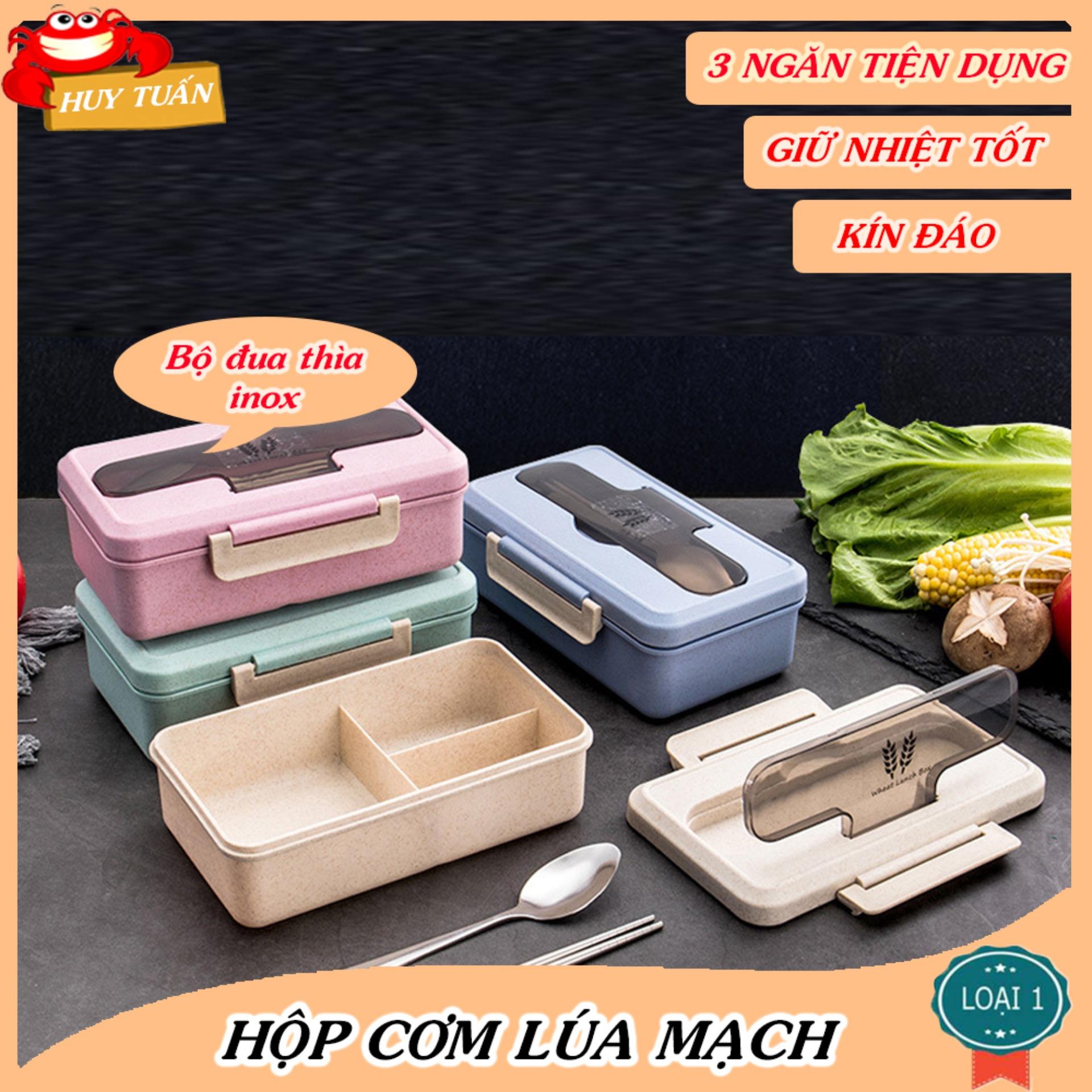 Hộp cơm văn phòng 3 ngăn kèm đũa thìa inox, Hộp cơm 3 ngăn, Hộp đựng cơm lúa mạch 3 ngăn, Hộp cơm kèm đũa thìa, Hộp cơm văn phòng giữ nhiệt, Huy Tuần