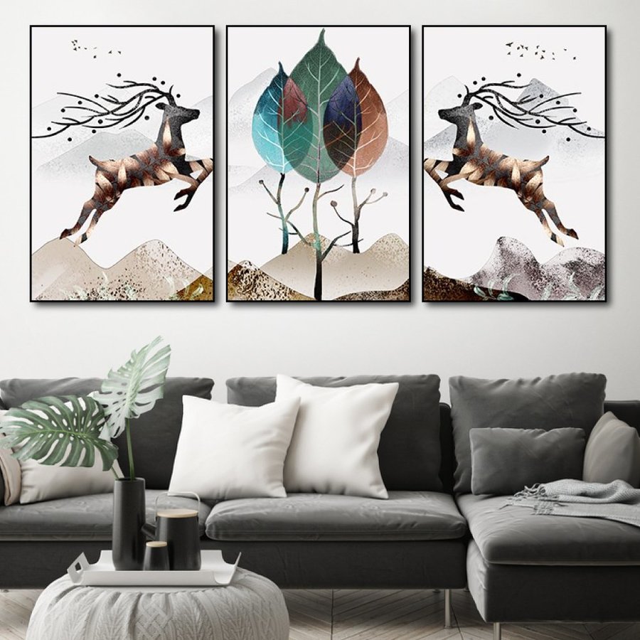 Bộ 3 bức tranh treo tường in canvas viền khung gỗ cao cấp Tranh Rừng Hươu Nghệ Thuật TG576 khổ lớn 40x60cm trang trí phòng khách tranh treo phòng ngủ đẹp giá rẻ - TẶNG KÈM ĐINH TREO TƯỜNG