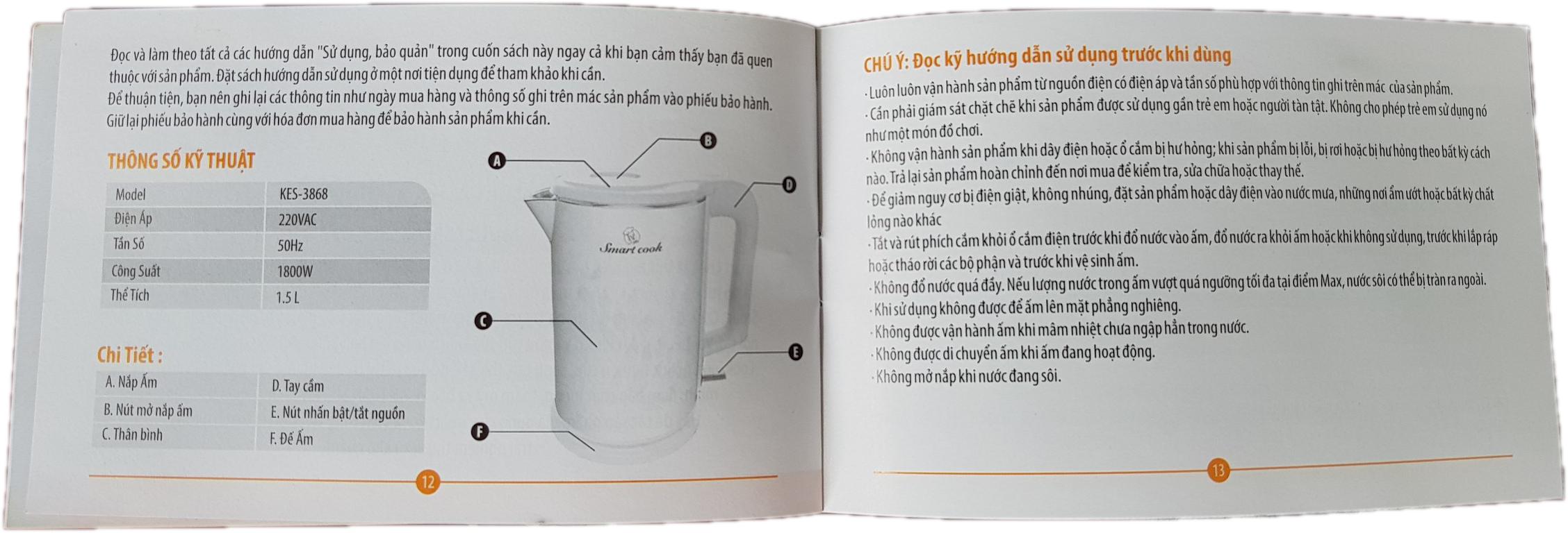 ẤM ĐUN SIÊU TỐC SMARTCOOK 1,5L KES-3868