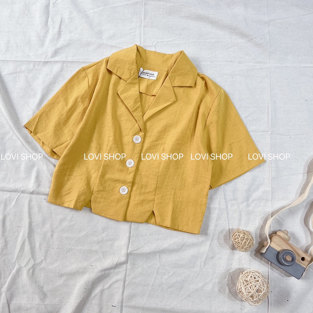 LOVI SHOP- Áo sơ mi croptop cổ vest tay ngắn basic