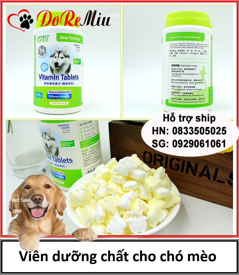 Doremiu - (1 lọ 160gr) Viên sữa dê dưỡng chất canxi spirit cho chó mèo giúp dưỡng lông chắc xương và chó mèo biếng ăn