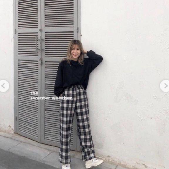 QUẦN CULLOTES CARO ĐEN DÁNG BAGGY CẠP CHUN UNISEX