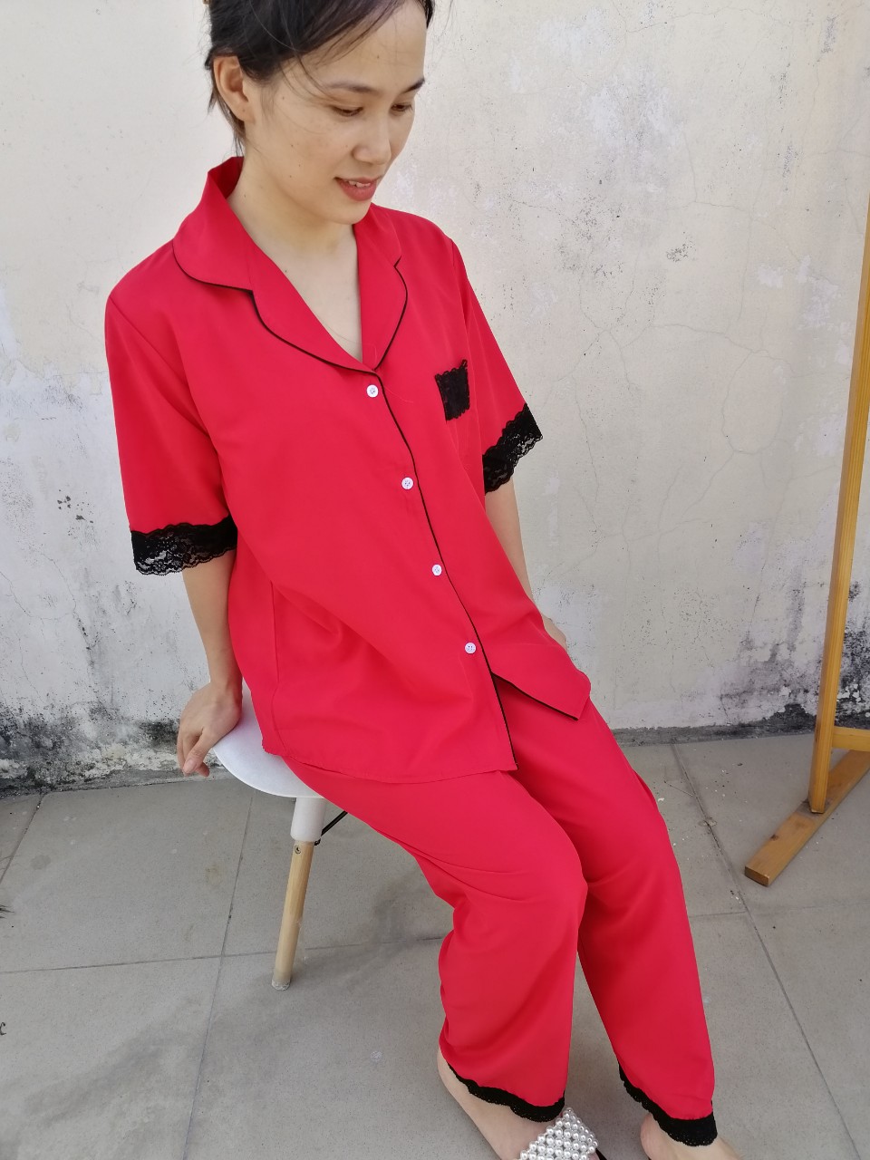 Pijama nữ trơn phối ren – lụa mịn mát