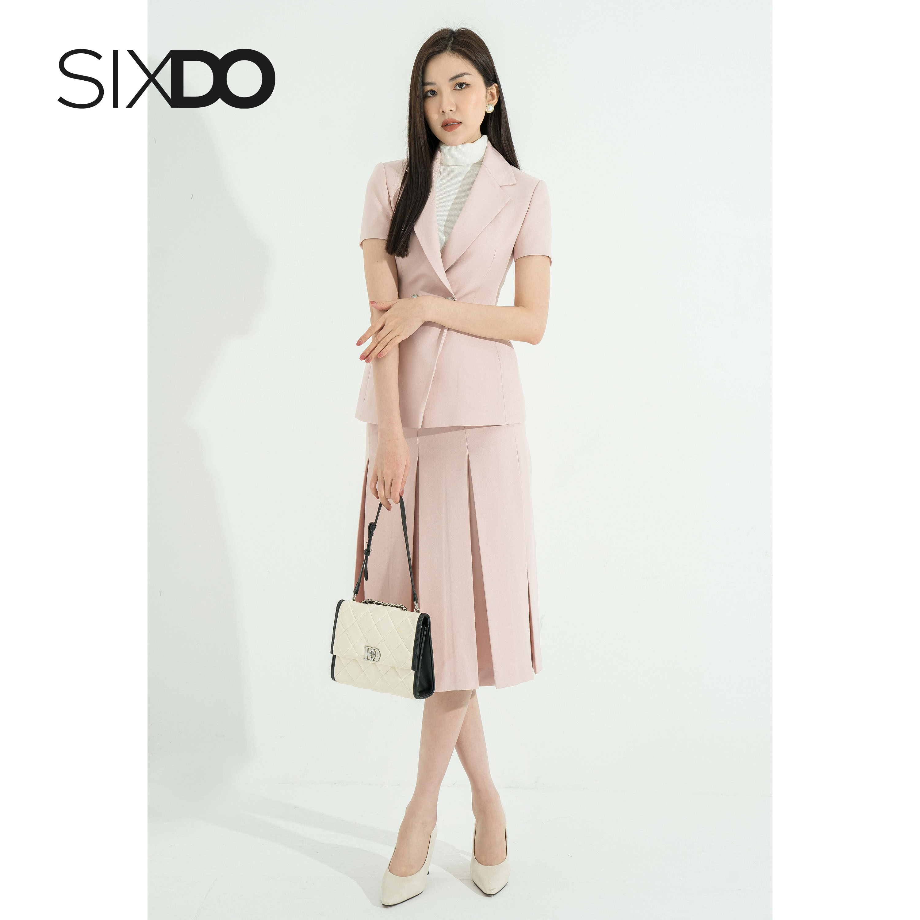 Chân váy tuýp xi hồng xếp ly SIXDO (Light Pink Knife Pleated Midi Skirt)