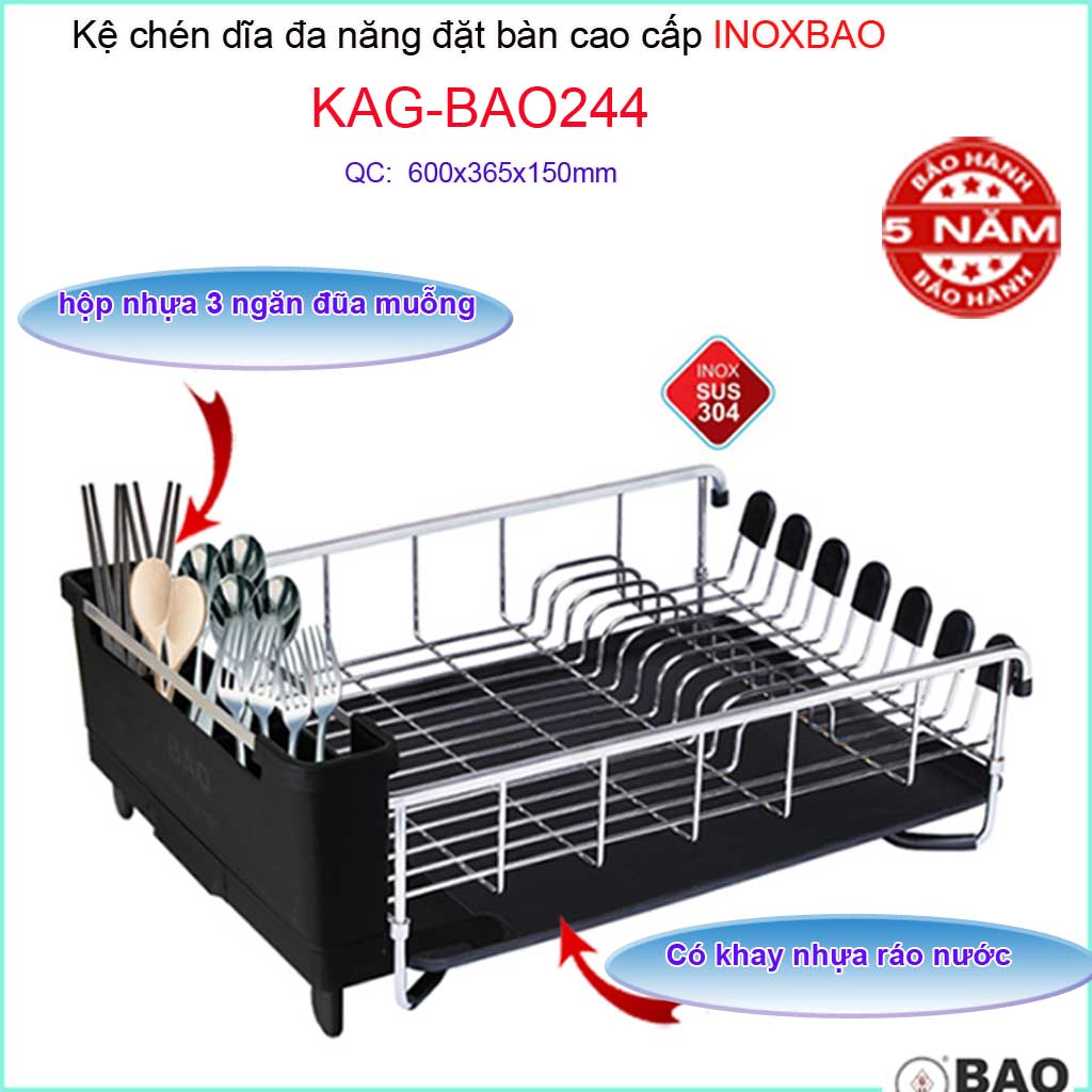 [HCM]Kệ úp chén dĩa đa năng Inox Bảo KAG-BAO244, kệ chén bát đặt bàn 60cm có khay hứng nước giắt dao muỗng đũa