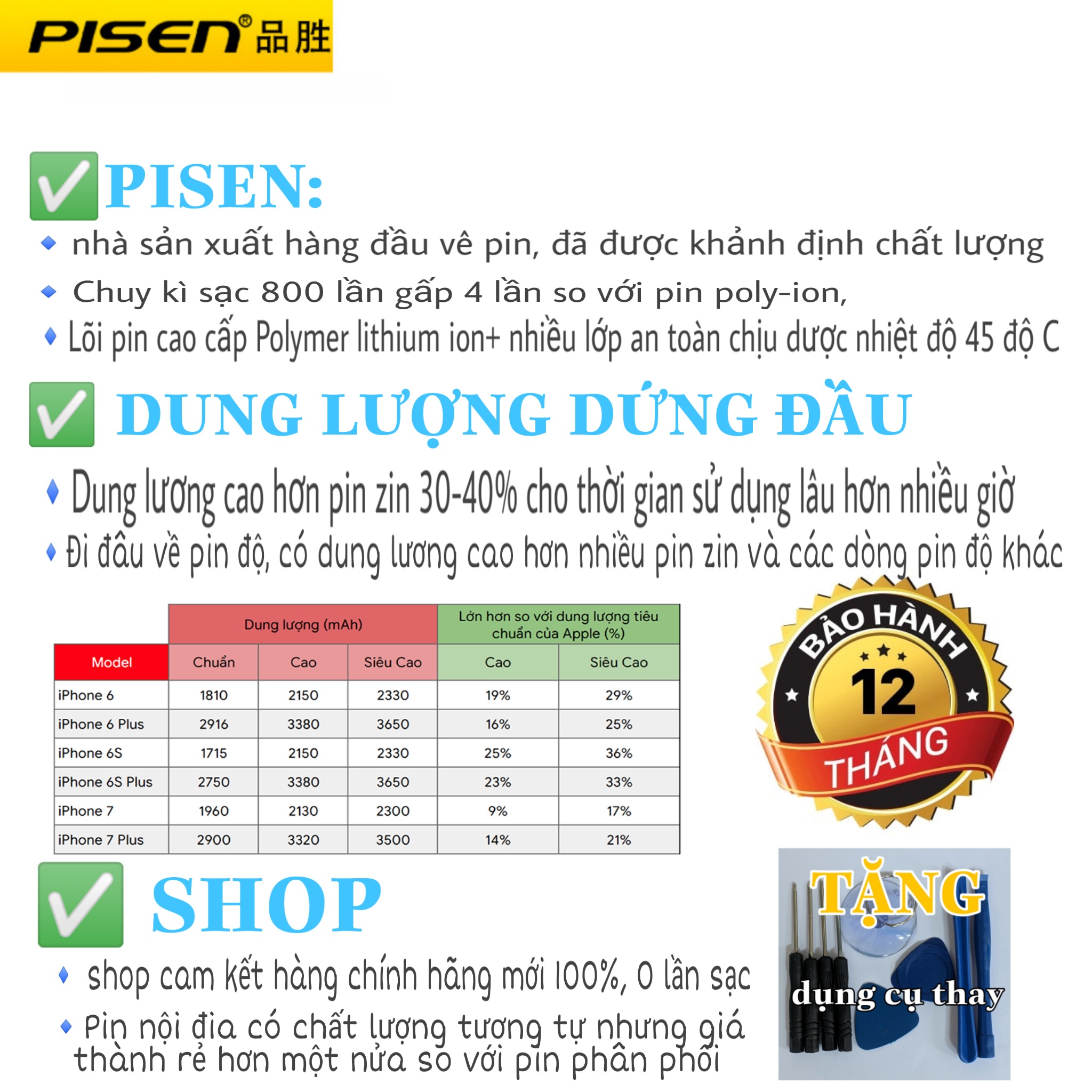 [Chính Hãng] pin iphone 7 plus 3220mAh, pin iphone 7 plus, pin ip7 plus, pin pisen iphone 7 plus [sảm phẩm có sẵn siu dán pin + dụng cụ thay pin]