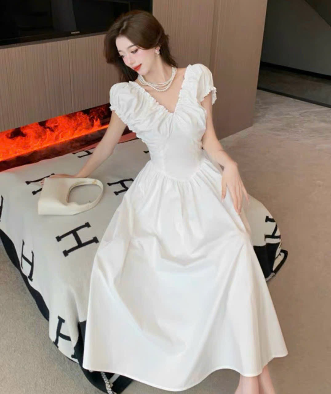 Đầm xoè cổ V nhúng vai 3 màu