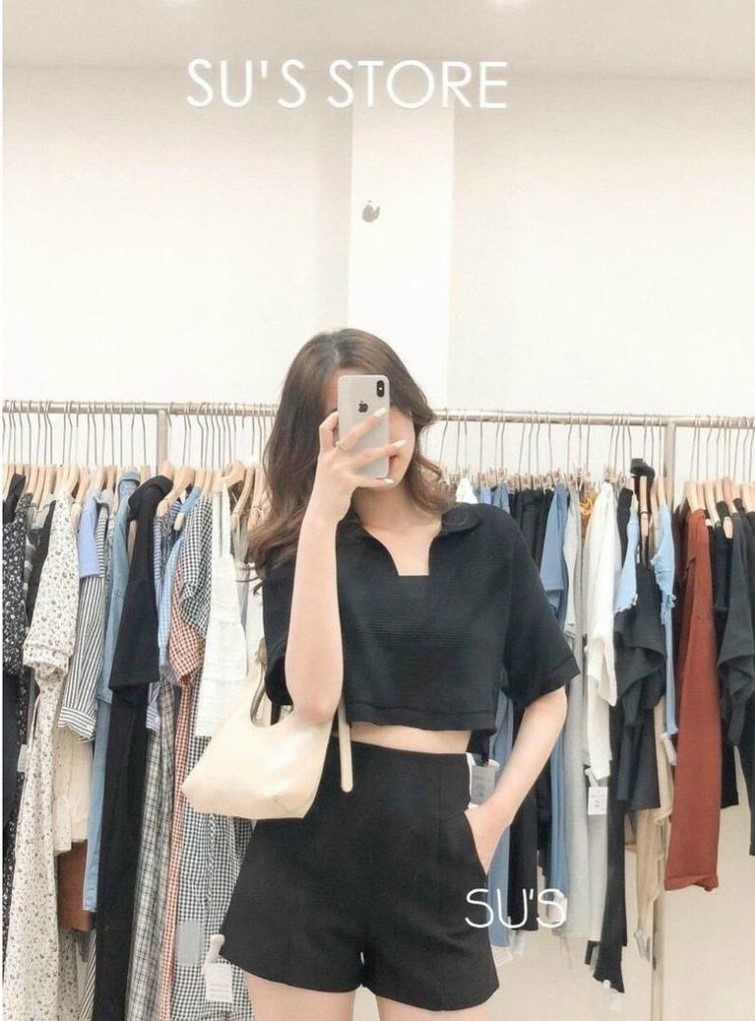 Áo croptop nữ trơn kiểu cổ sơ mi