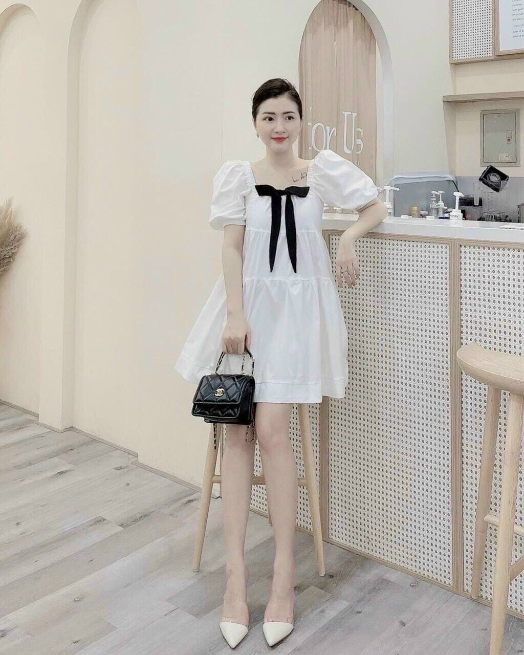 ĐẦM BABYDOLL NƠ TRẮNG XINH XẮN DD032