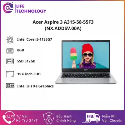 [Freeship] Laptop Laptop Acer Aspire 3 A315-58-55F3 15.6inch FHD (NX.ADDSV.00A)/ Pure Silver/ Core i5-1135G7/ RAM 8GB/ 512GB SSD/ Win 10H/ 1Yr -LIFE Technology- LF115 Hàng Chính Hãng, Mỏng Nhẹ, Cấu Hình Ổn Định Dùng Cho Văn Phòng, Thiết Kế