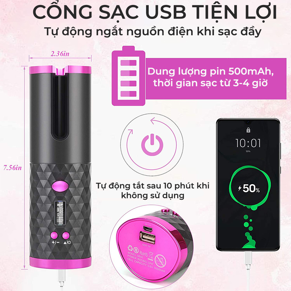 Máy uốn tóc tự động - máy uốn tóc thông minh tạo lọn tóc nhanh chóng giữ nếp lâu màn hình LED hiển thị sạc pin USB tiện lợi tự động ngắt thiết kế 2 lớp cách nhiệt an toàn