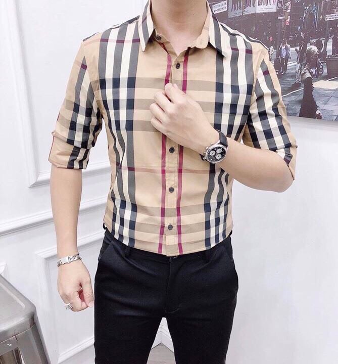 Áo Sơ Mi Nam ca rô Màu Kem Phong Cách Hàn Quốc Thời Trang Cao Cấp TIENFASHION26 Ms242