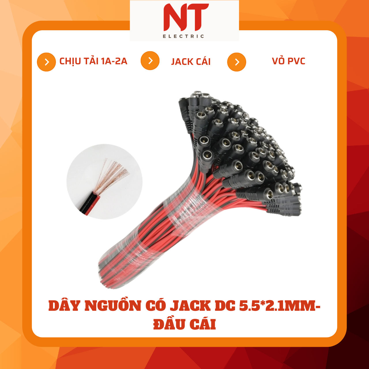 Dây nguồn có jack DC 5.5*2.1mm, đầu cái (combo 4 dây)