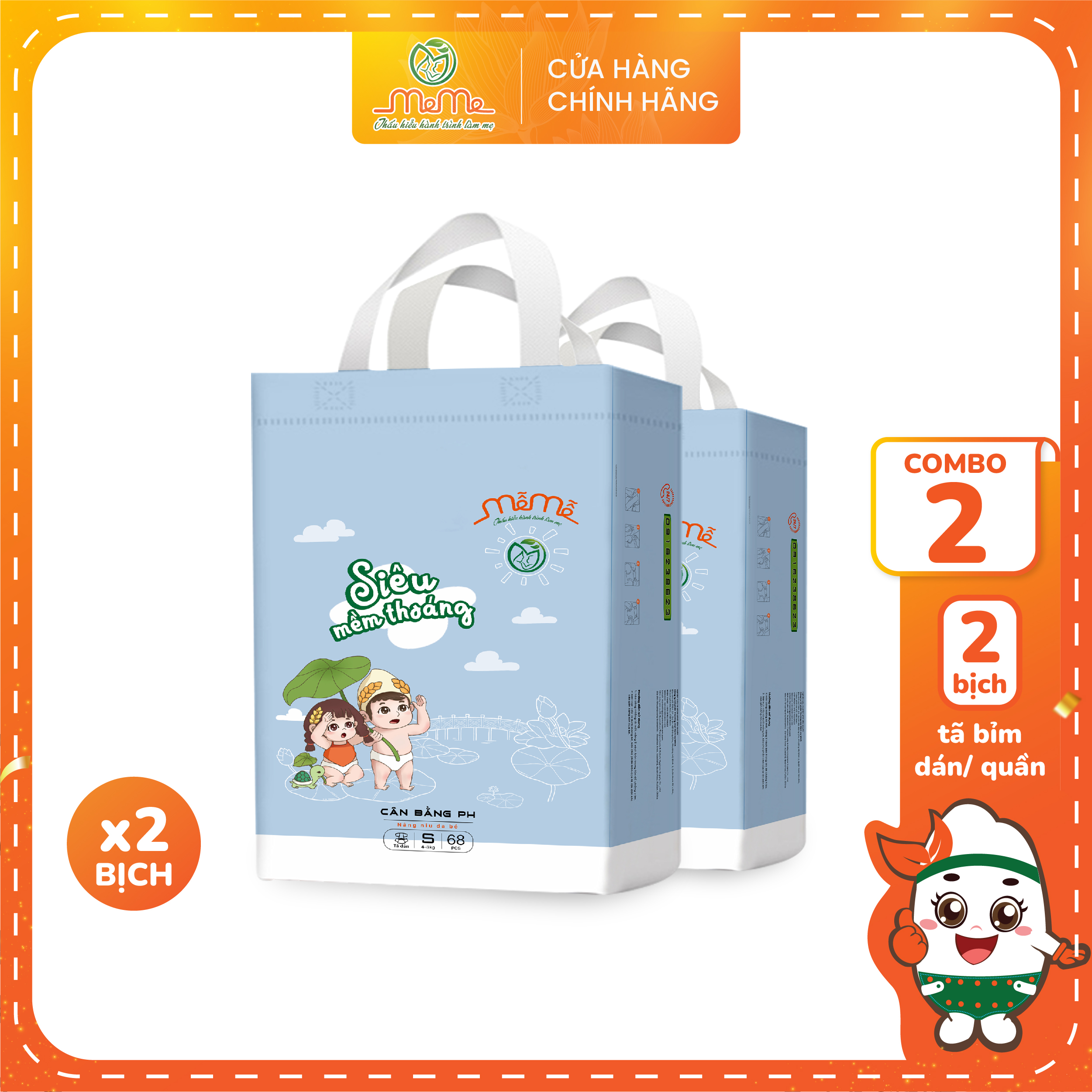 Combo 2 bịch tã bỉm dán mễ mễ size s68 mềm mỏng siêu thấm khô thoáng cho bé