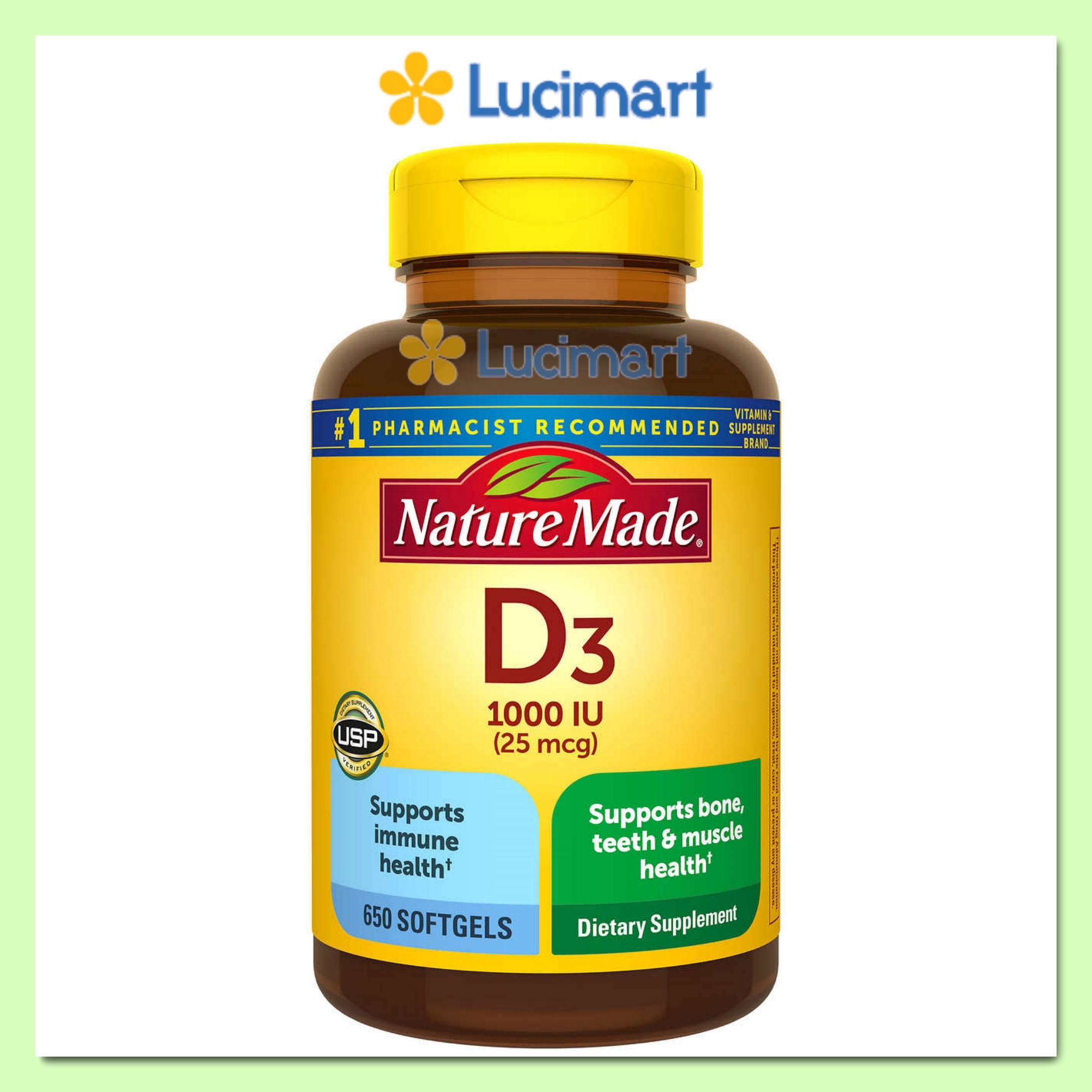 Viên uống Vitamin D3 Nature Made Vitamin D3 1000 IU 25mcg, hũ 650 viên