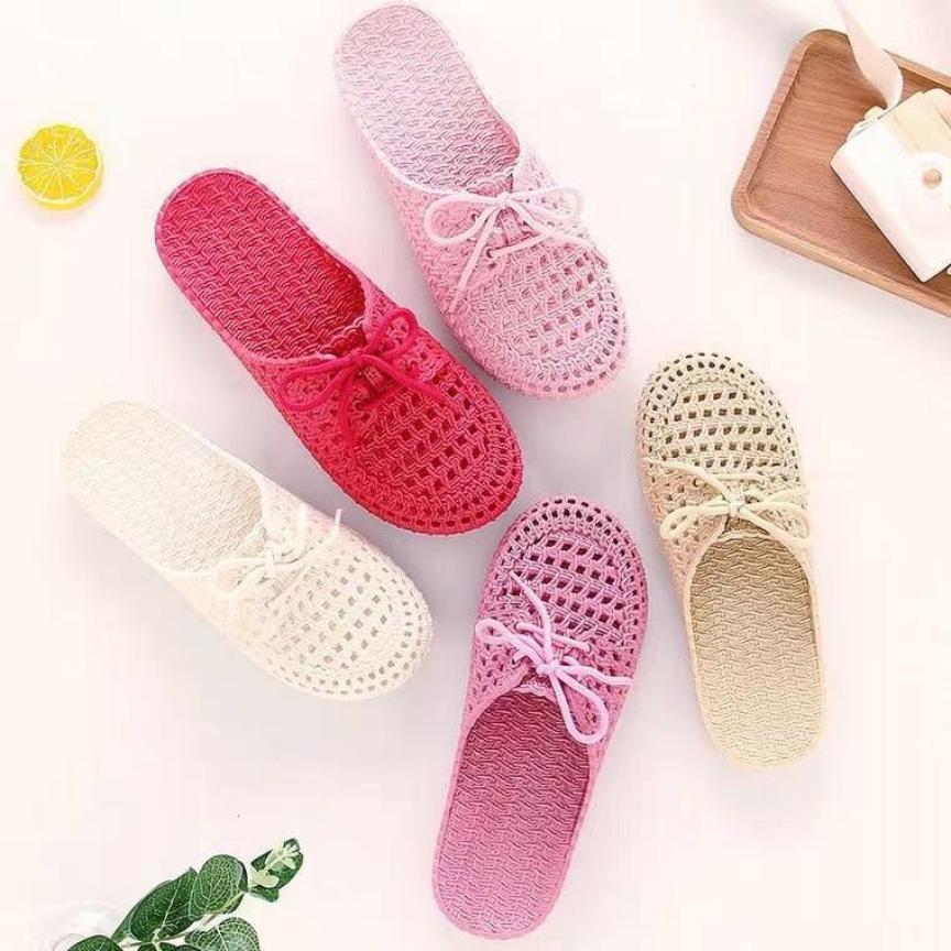 Dép nữ đan lỗ, dây thắt nơ (đen, kem đậm, hồng, đỏ) giá rẻ