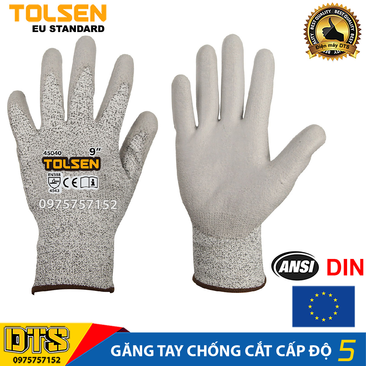Găng tay chống cắt cấp độ 5 TOLSEN phủ PU, găng tay bảo hộ chống cắt – chống mài mòn, xé rách – chống đâm xuyên theo tiêu chuẩn EN388 4533, găng tay bảo hộ chống đâm xuyên, bao tay bảo hộ lao động, bao tay chống cắt