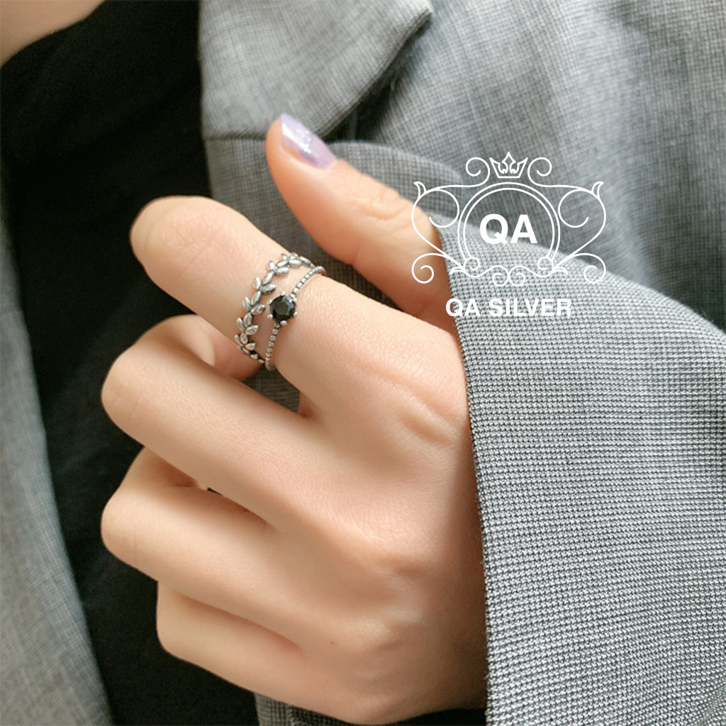Nhẫn bạc 925 hai tầng mặt đá đen tròn lá nữ S925 LAYER QA SILVER Ring RI230503