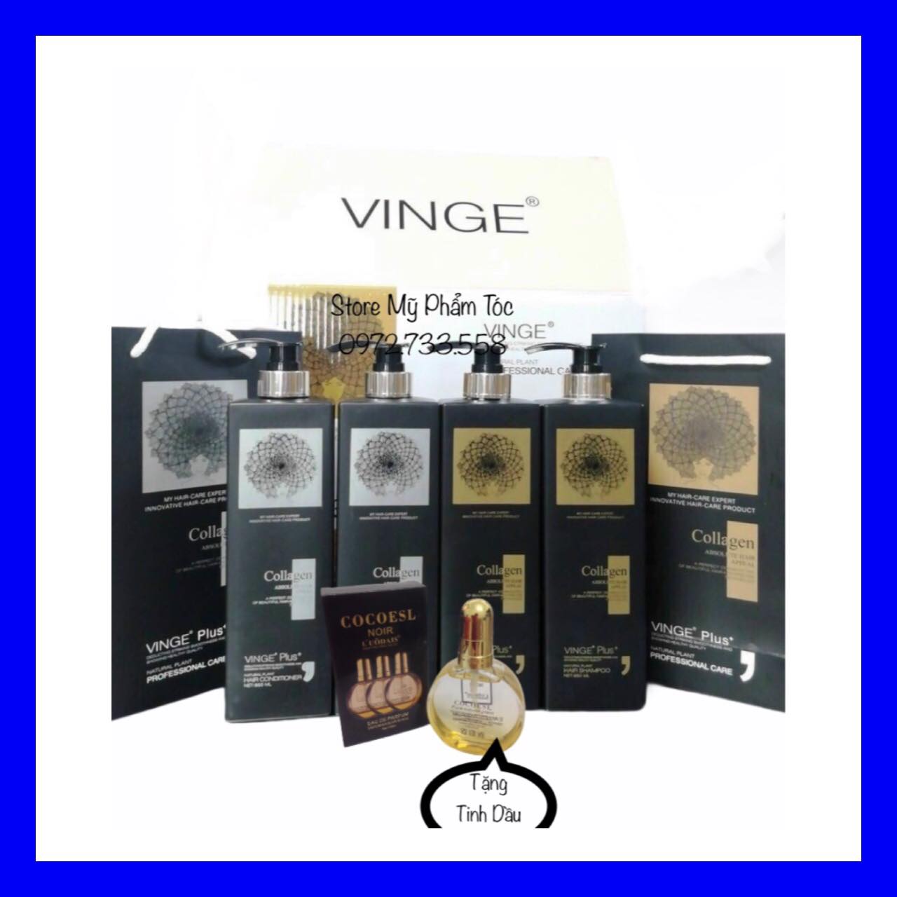 Cặp Dầu Gội Xả Collagen VINGE Đen Phục Hồi Mềm Mượt 1000ml X 2 - Tặng Tinh Dầu