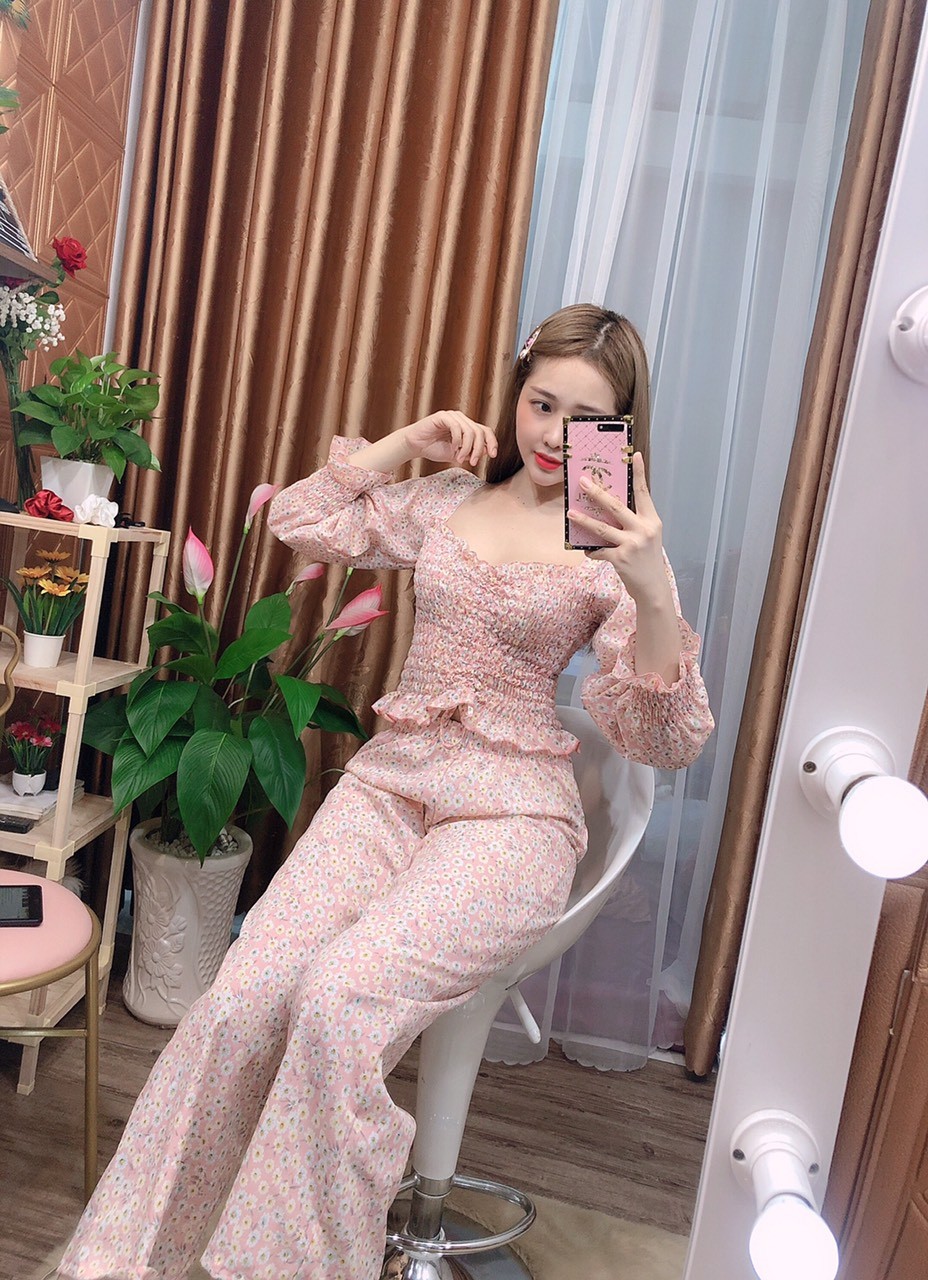 Sét bộ lụa hoa rút ngực cao cấp-DT