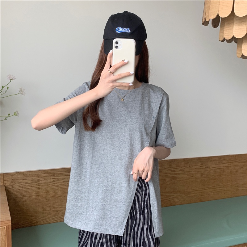 Áo thun nữ xẻ tà phối nút tay ngắn style Hàn quốc