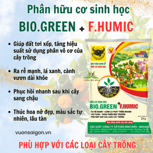 Phân hữu cơ sinh học đầu trâu BioGreen + F.Humic gói 2kg (HCMk6) dùng cho rau củ quả hoa (Vườn Sài Gòn - Vuon Sai Gon)