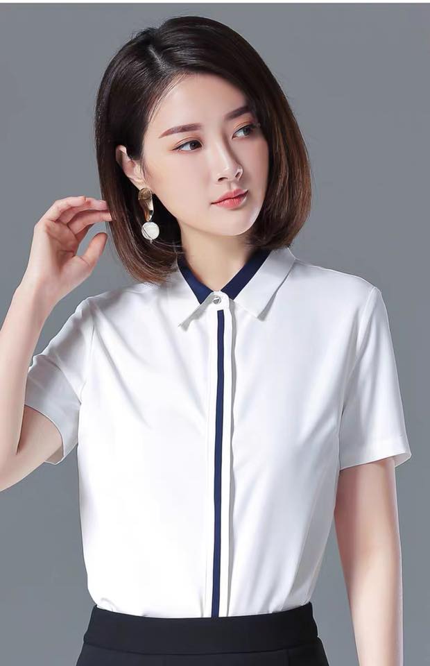 ÁO SƠ MI NỮ TRƠN CÔNG SỞ NGẮN TAY PHỐI VIỀN CỔ VIỀN NÚT THỜI TRANG CAO CẤP