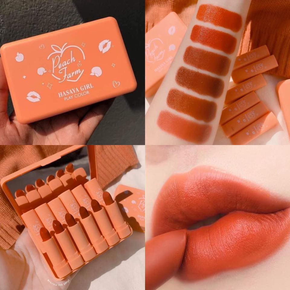 [HÀNG MỚI VỀ] Set 6 son Hasaya Peach Farm mini kèm gương – CAVALI – Tone màu chuẩn mịn lâu trôi không khô môi