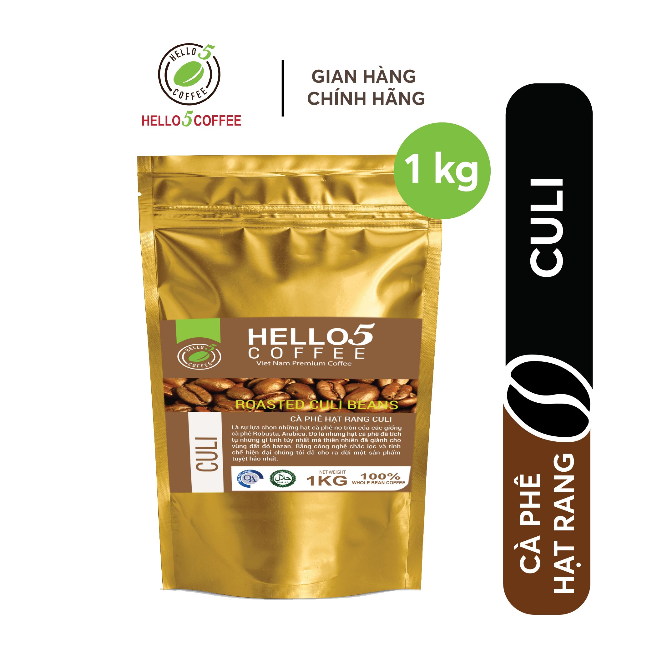 Cà phê hạt nguyên chất Culi (Peaberry) Hello 5 Coffee - Gói 1kg