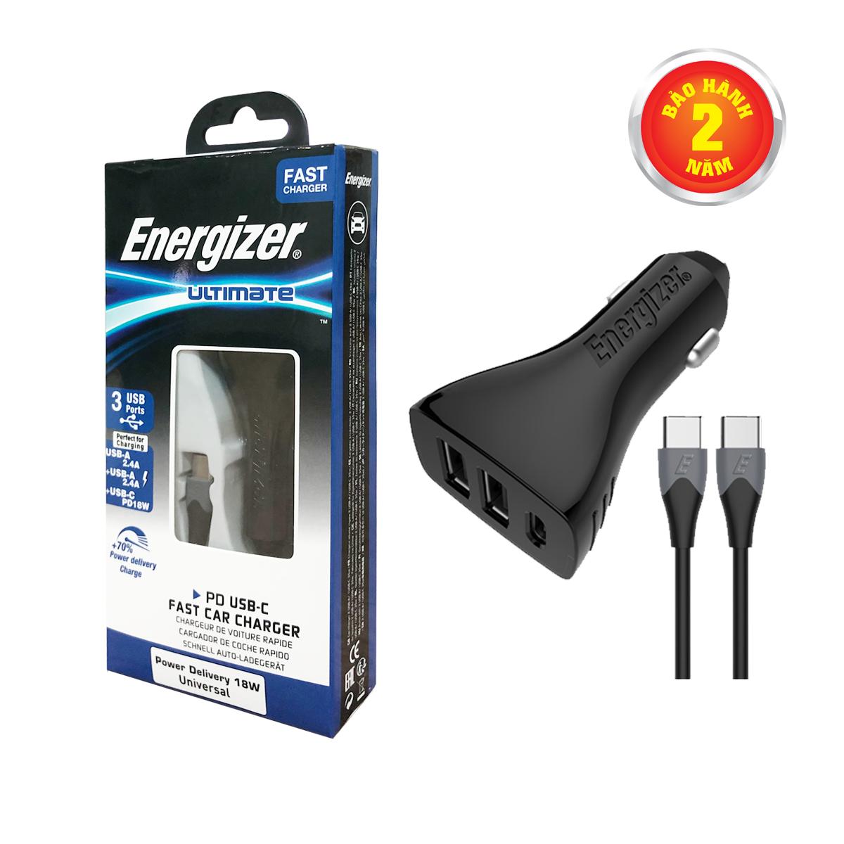 Sạc ô-tô Energizer 35W 2USB/1USB-C kèm cáp USB-C2.0 - DC21PGUCC3