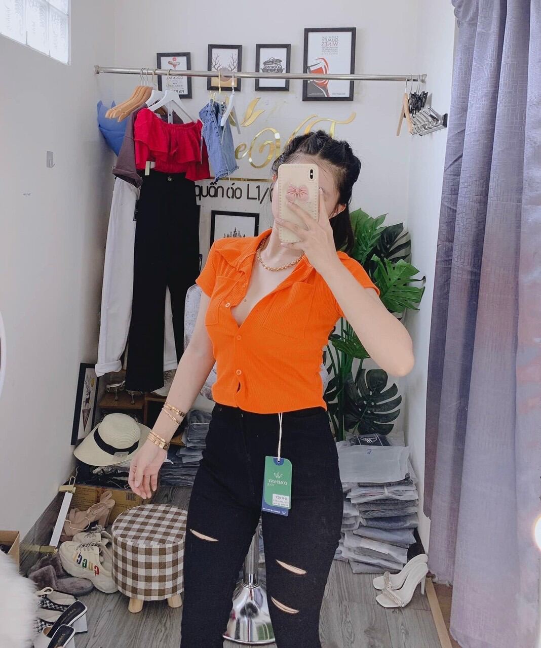 Jeans dài lưng cao co giãn rách 3line