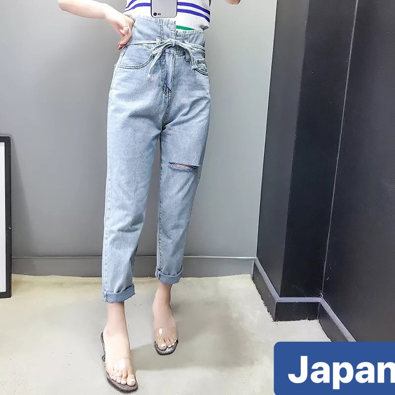 QUẦN JEAN BAGGY NỮ CHẤT BÒ XANH RÁCH THẮT NƠ ULZZANG LƯNG CAO NÂNG MÔNG KOREA JP-050 JAPAN FASHION
