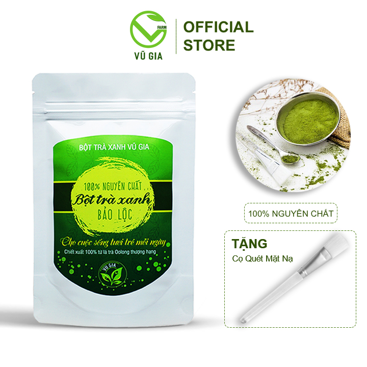 Bột Trà Xanh Nguyên Chất Vũ Gia (100g/túi) + Tặng Cọ Quét Mặt Nạ - Đắp mặt nạ dưỡng da, trắng da, tắm trắng - Đã được kiểm nghiệm y tế