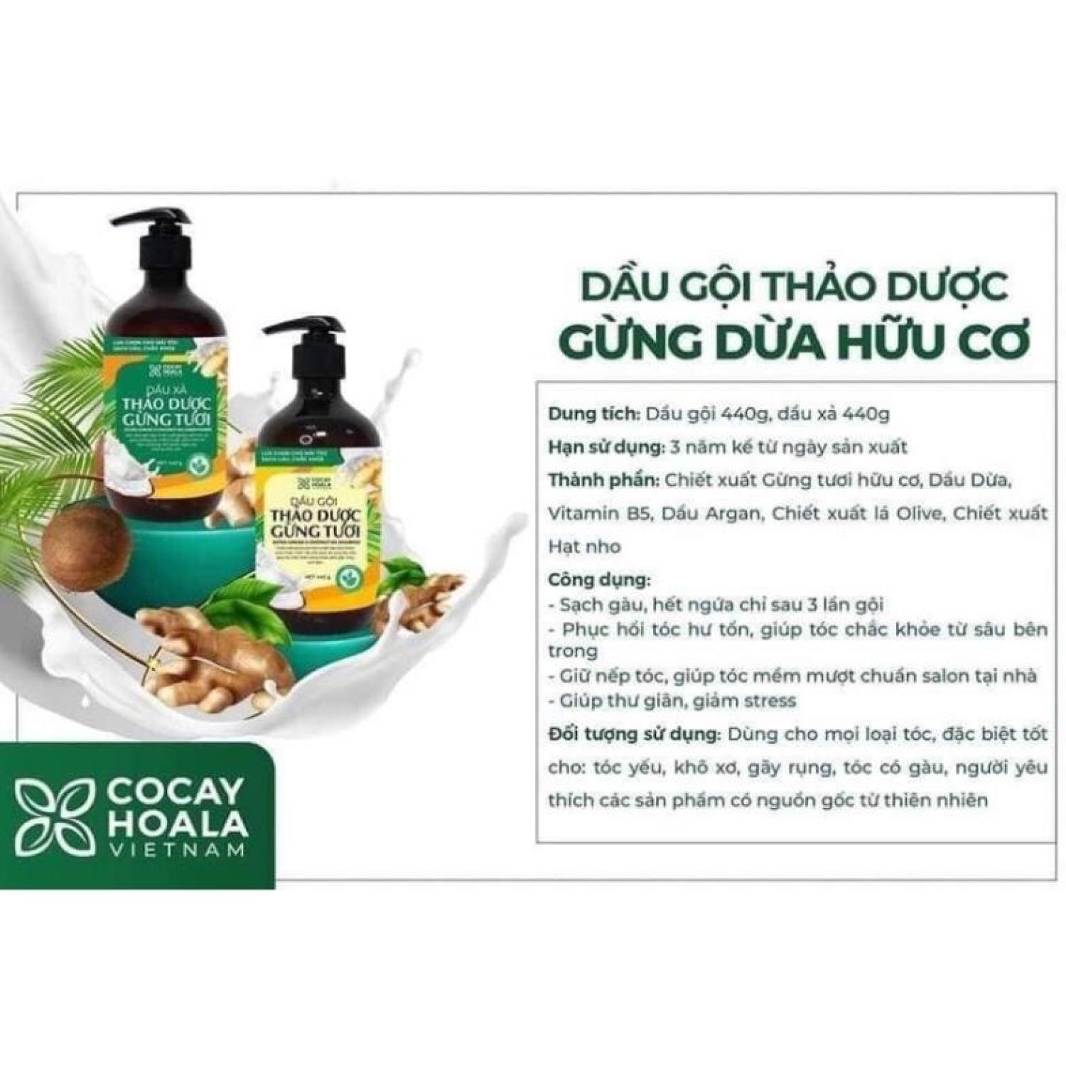 Combo dầu gội và xả gừng dừa hữu cơ 880ml