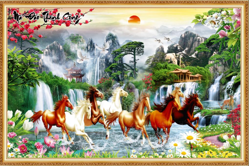 Tranh dán tường Phong Thủy/ Mã Đáo Thành Công Khổ Lớn/ Vải Lụa Cao Cấp Loại 1 kt 120cm x 200cm