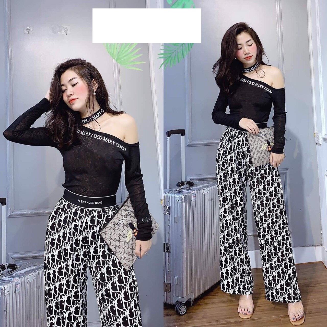Áo thun ôm body dài tay khoét vai in chữ viền siêu xinh