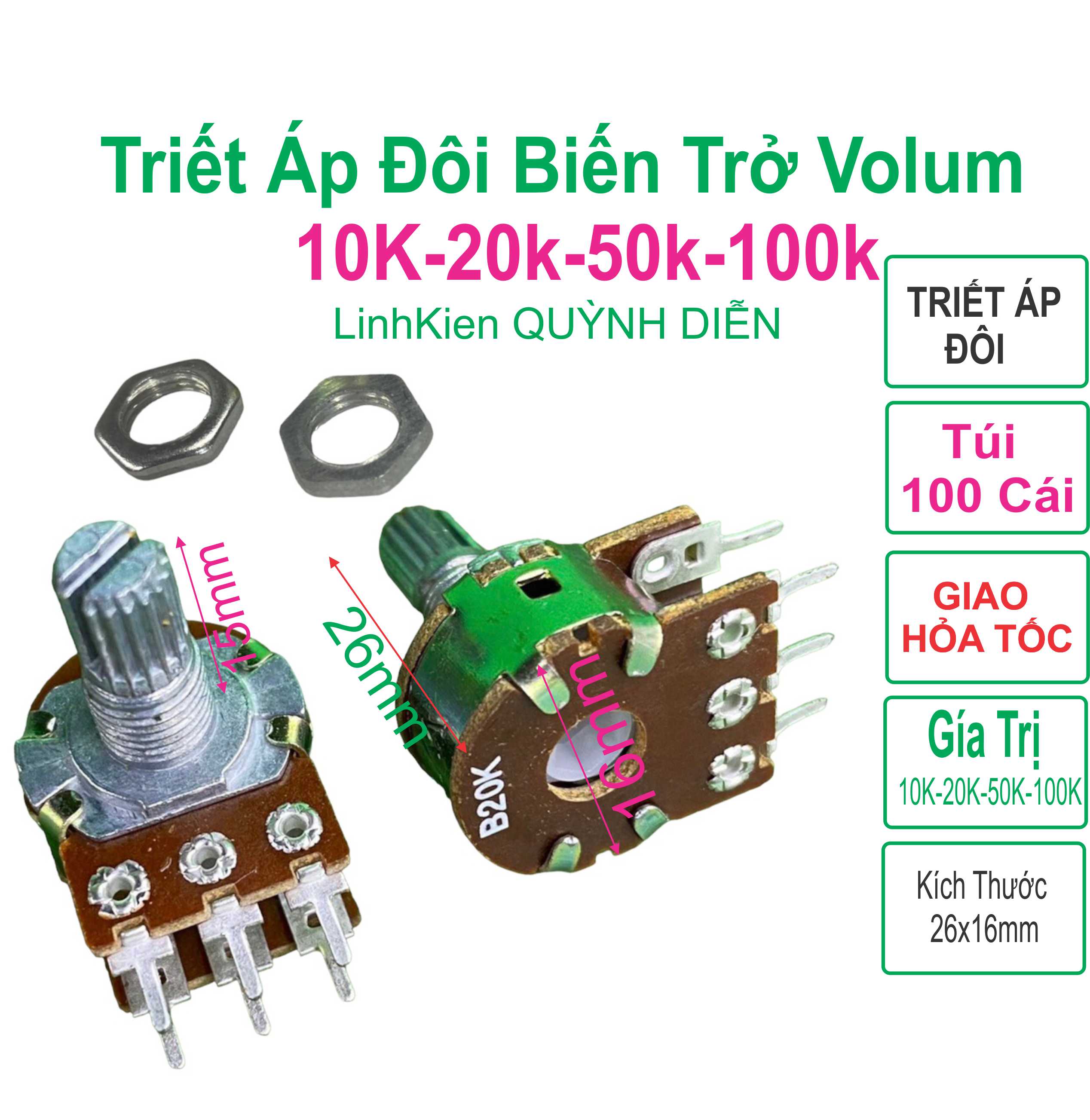 Combo 100 volum biến trở triết áp đôi 6 chân wh148 b, 10k-20k-50k-100k-500k - linh kiện điện tử quỳnh diễn