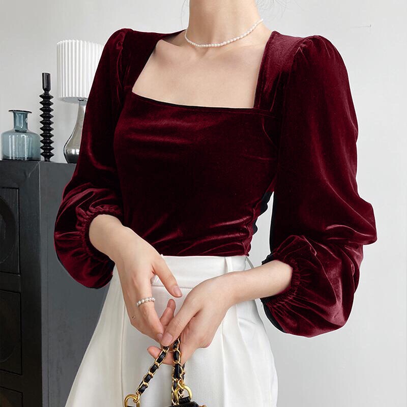 Áo nhung cổ vuông tay phồng tiểu thư